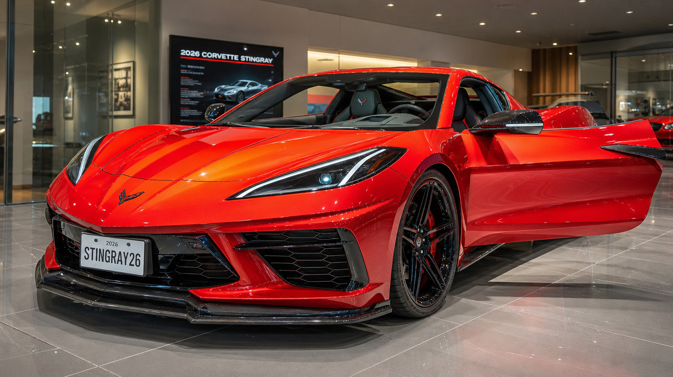 Carro esportivo vermelho 2026 Corvette Stingray exibido em showroom com porta do motorista aberta.