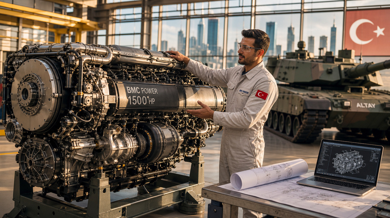 Engenheiro turco inspeciona motor BMC Power 1500 HP em oficina com tanque e mesa de projeto.