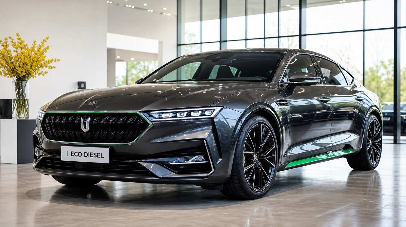 Carro cinza escuro ecológico Eco Diesel em showroom moderno com grandes janelas de vidro.