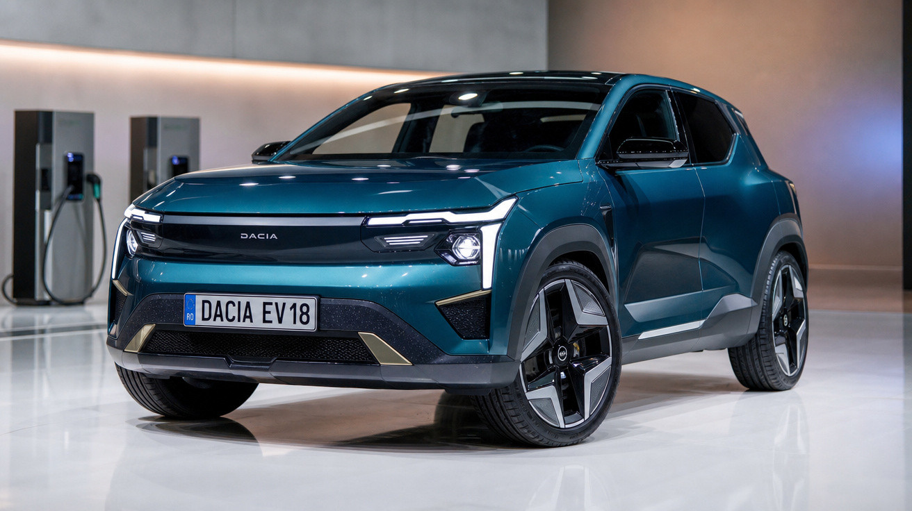 Carro elétrico Dacia EV18 azul exibido em ambiente moderno com estações de recarga ao fundo.