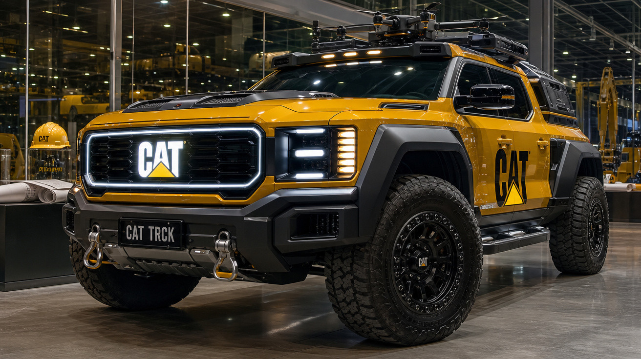 Veículo off-road amarelo da marca CAT, com design robusto, pneus grandes e luzes LED acesas.