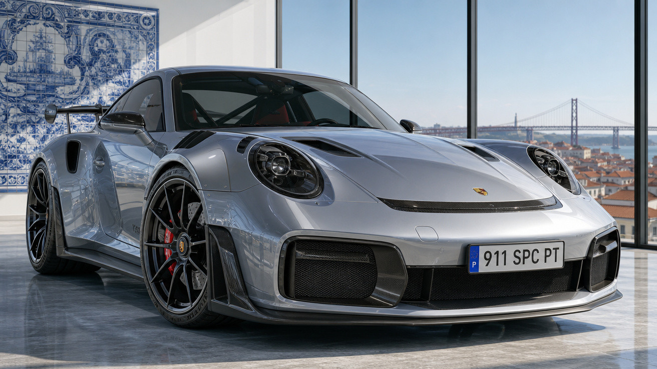 Porsche 911 prata estacionado em showroom com grande janela e vista para cidade e ponte ao fundo.