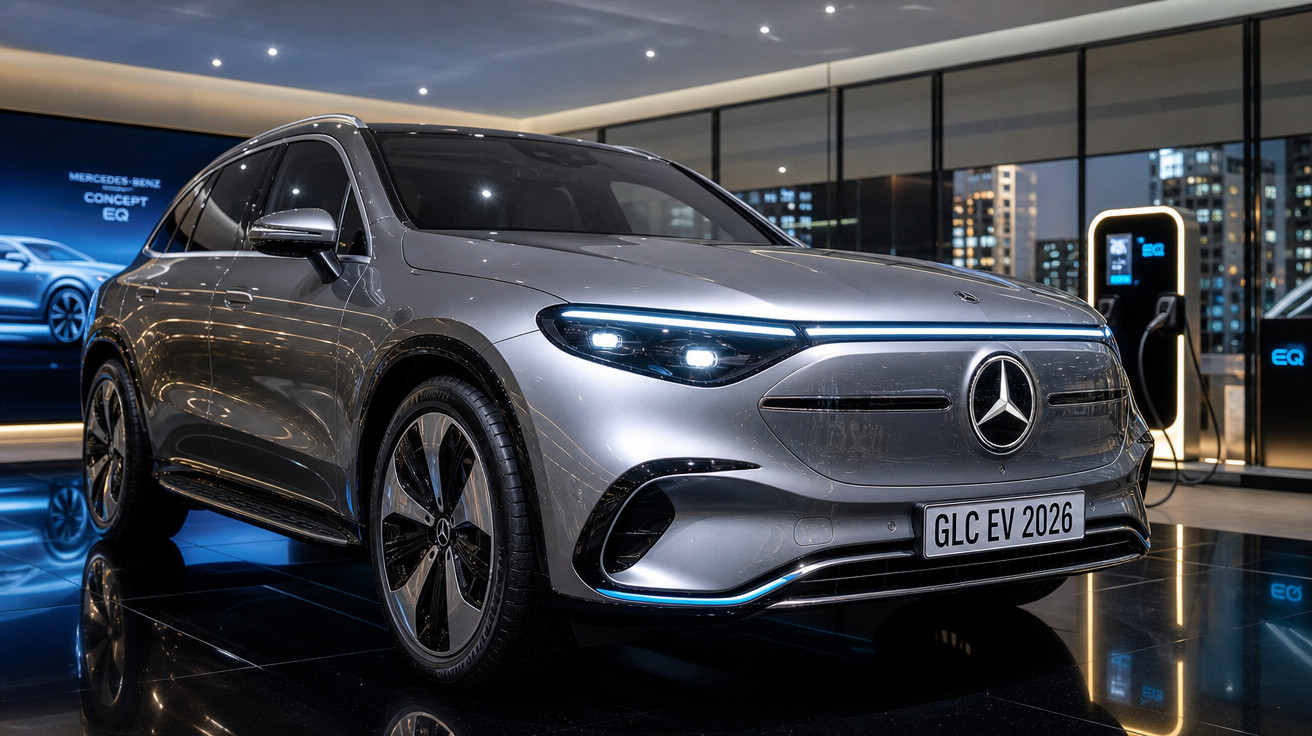 Carro elétrico Mercedes-Benz GLC EV prata estacionado em showroom moderno com estação de recarga.
