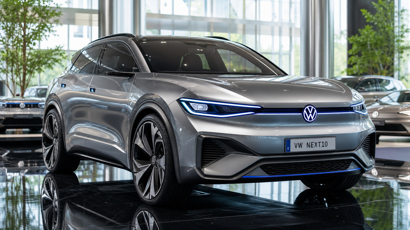 Carro elétrico cinza Volkswagen VW NEXT 10 em exposição com design moderno e faróis de LED acesos.