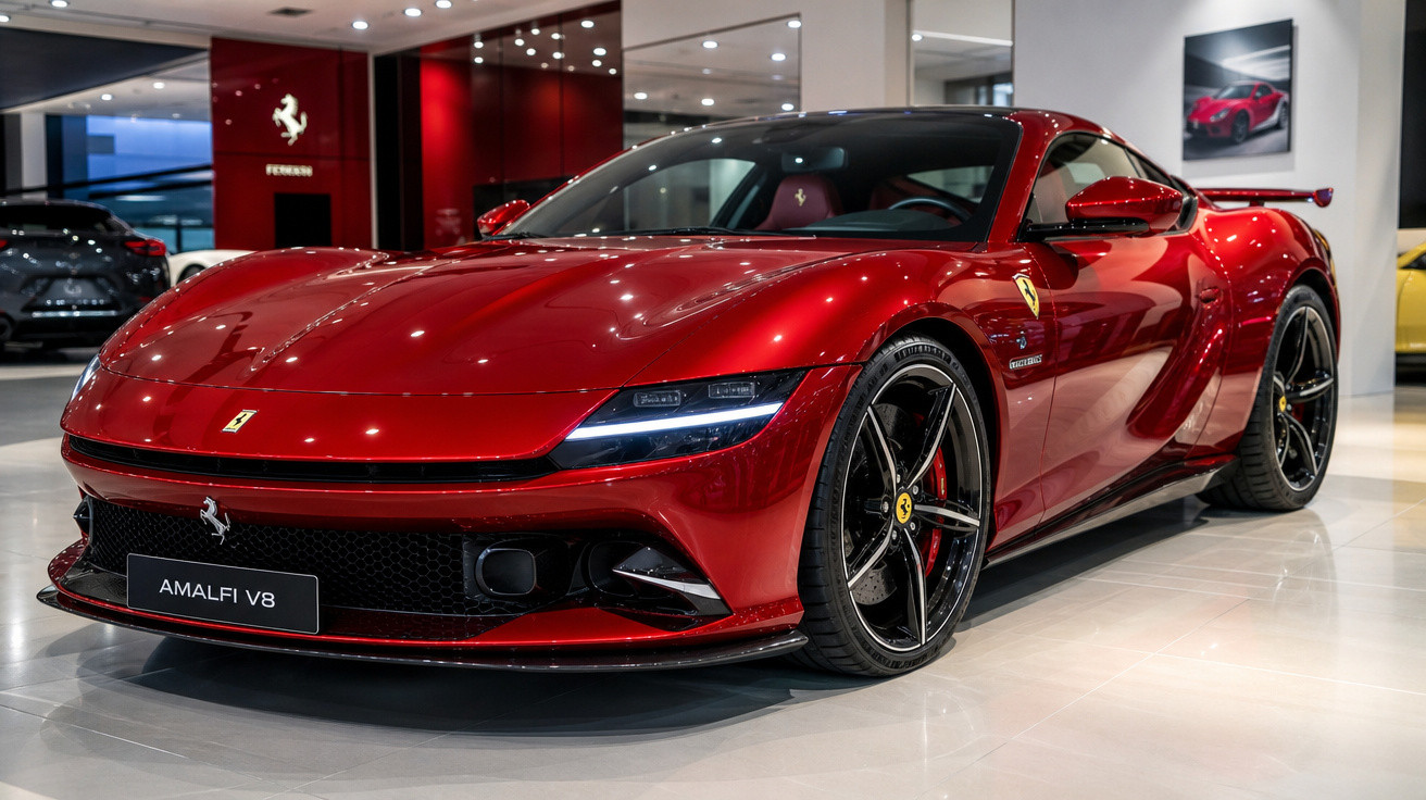 Carro esportivo Ferrari Amalfi V8 vermelho exibido em showroom com iluminação interna refletida na pintura brilhante.