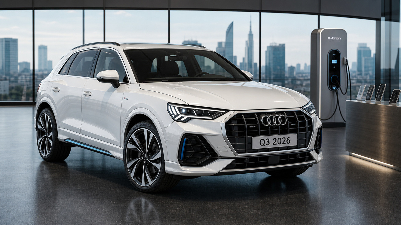 Carro Audi Q3 2026 branco estacionado em showroom moderno com carregador elétrico ao fundo.