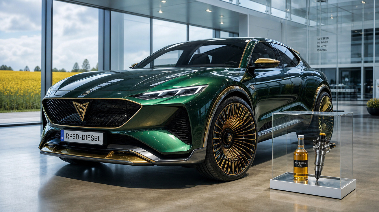Carro esportivo verde com detalhes dourados exibido em showroom com óleo e peça automotiva ao lado.
