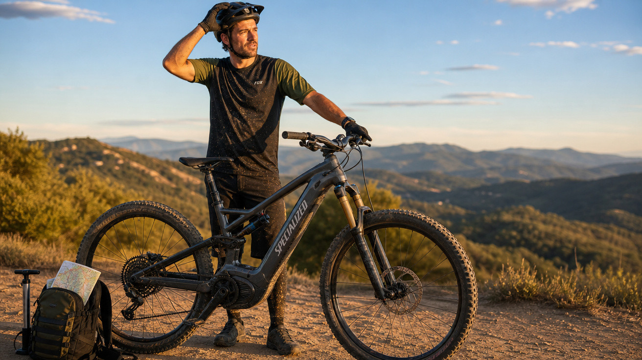Homem com capacete junto a bicicleta de montanha em trilha com mochila e mapa ao lado ao pôr do sol.