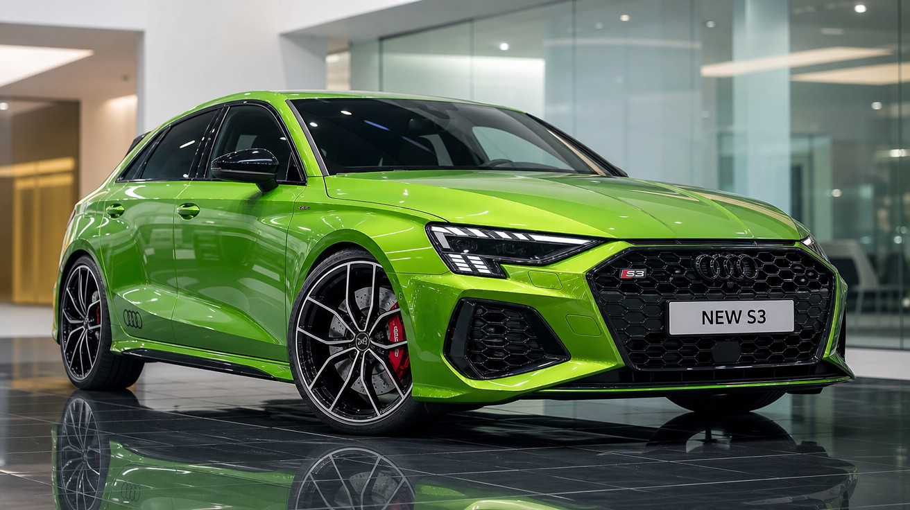 Carro Audi S3 verde vibrante estacionado em piso refletivo dentro de showroom moderno.