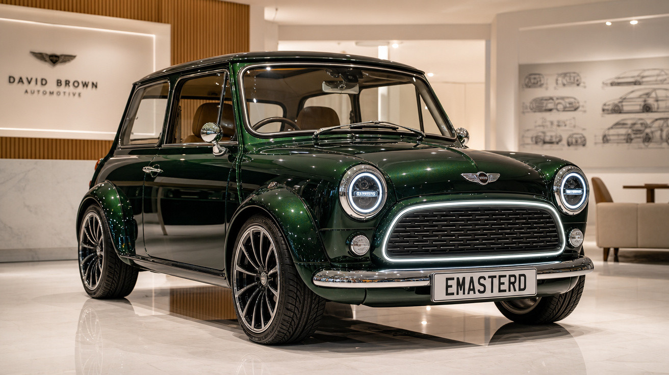 Carro clássico verde escuro com design compacto exibido em showroom moderno da David Brown Automotive.