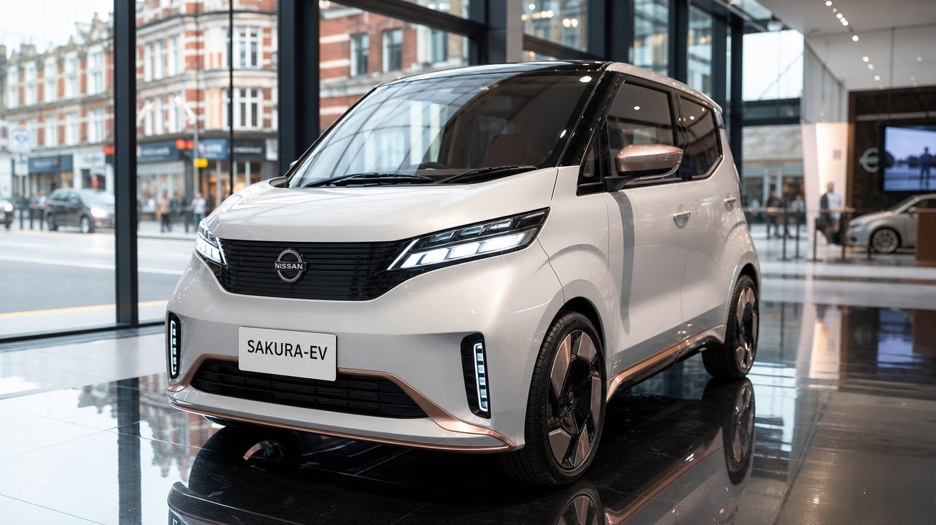Carro elétrico Nissan Sakura-EV branco exibido em showroom com piso brilhante e vidros amplos.