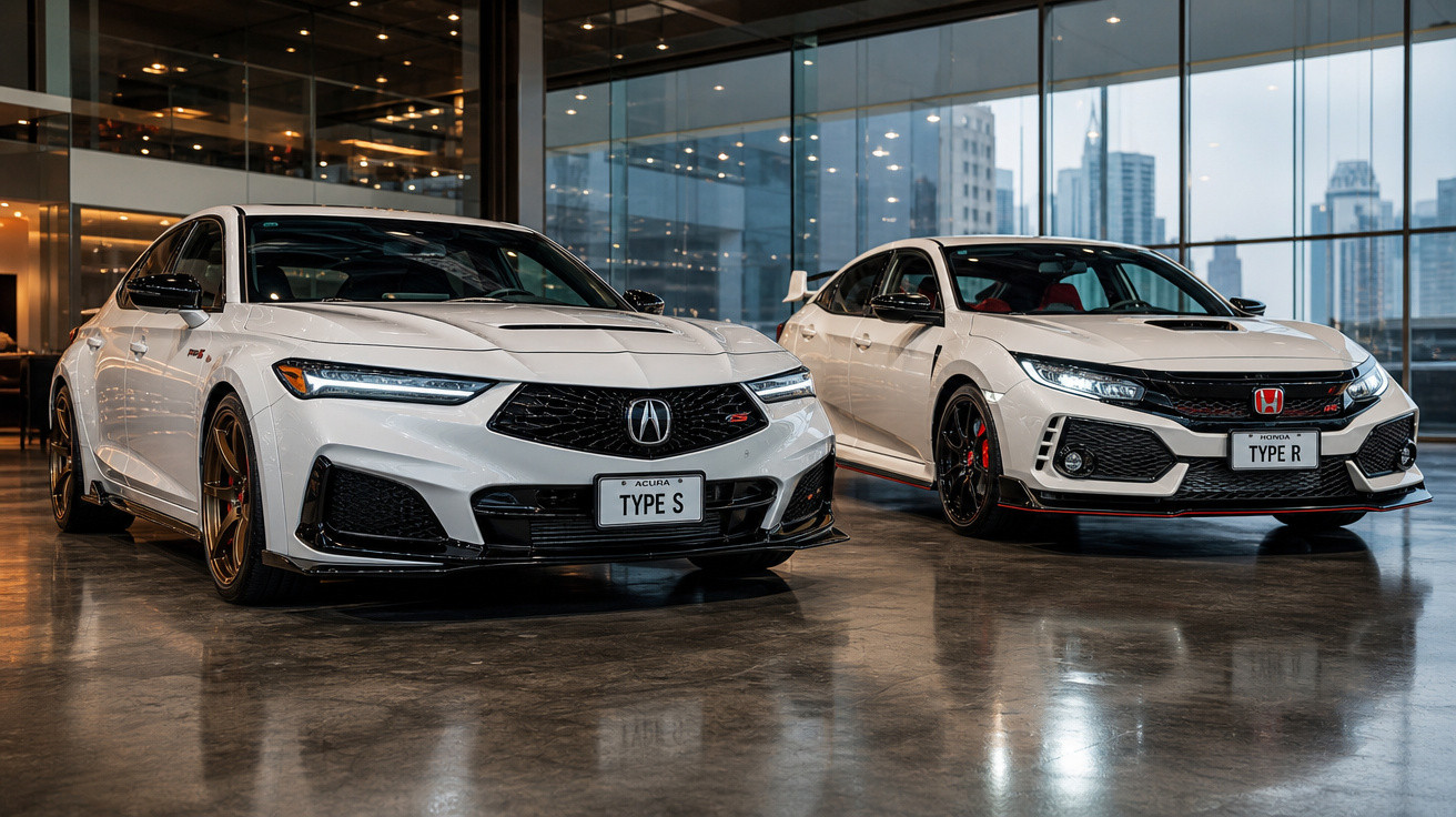 Dois carros esportivos brancos lado a lado em showroom com vidros grandes e vista urbana ao fundo.