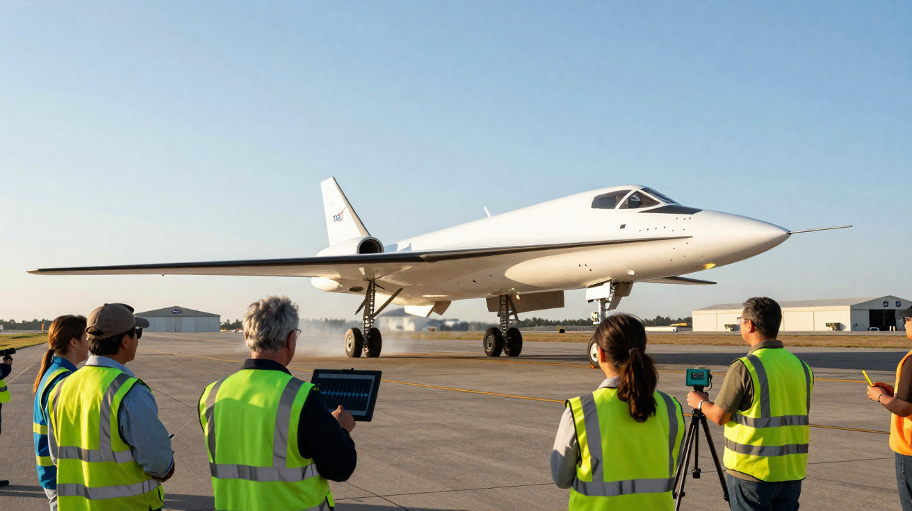 Avião branco futurista taxiando na pista cercado por equipe com coletes refletivos em aeródromo.