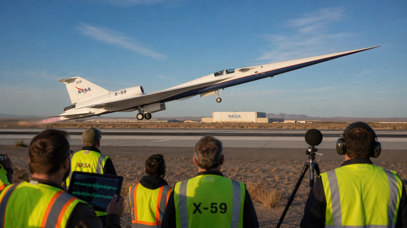 Avião experimental X-59 da NASA decolando com equipe observando em pista desértica.