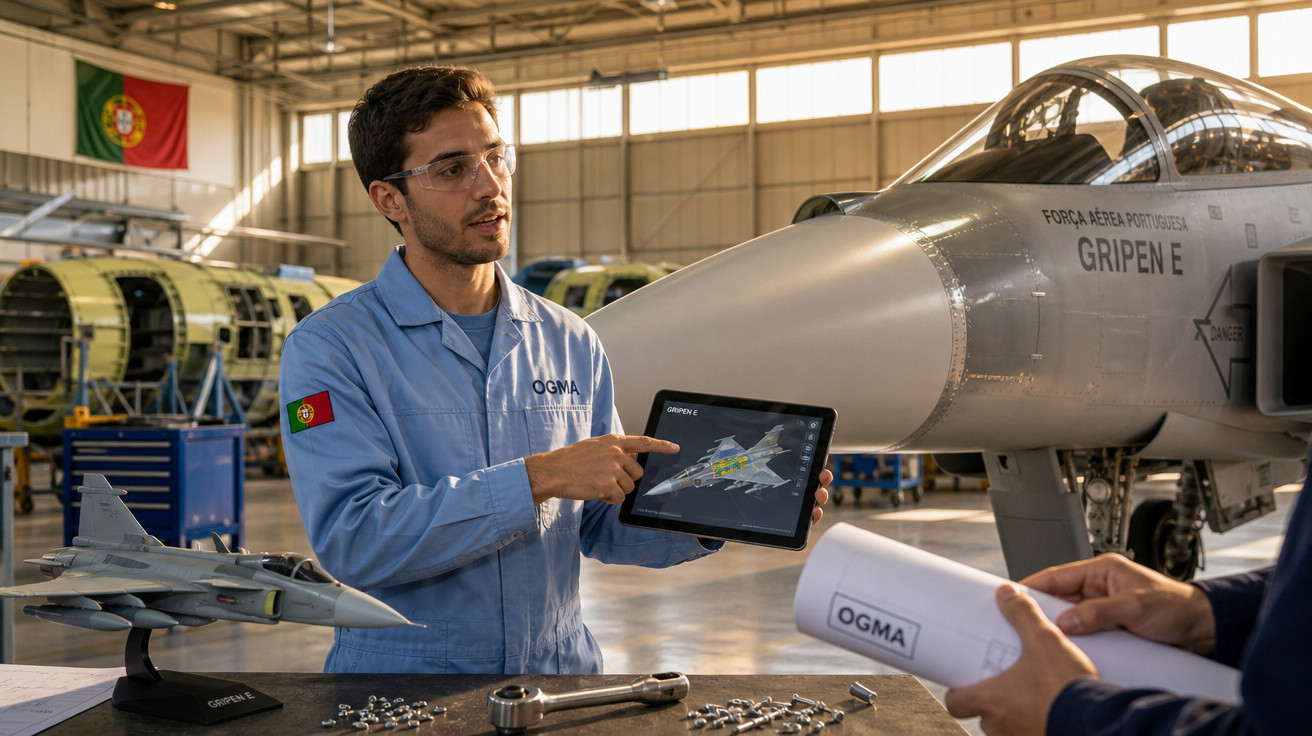 Homem em macacão azul mostrando modelo digital de caça Gripen E com avião real ao fundo em hangar.