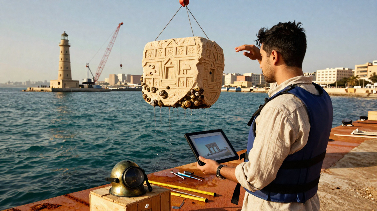 Homem controla dispositivo tecnológico para retirar estrutura artificial do mar perto de farol e edifícios urbanos.