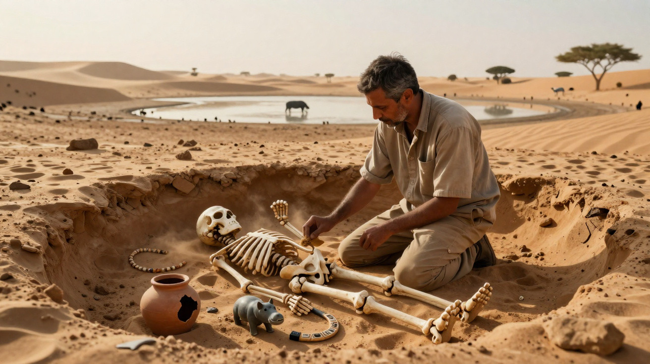 Homem em trajes claros examina esqueleto humano em escavação arqueológica no deserto com cerâmica e objetos antigos.