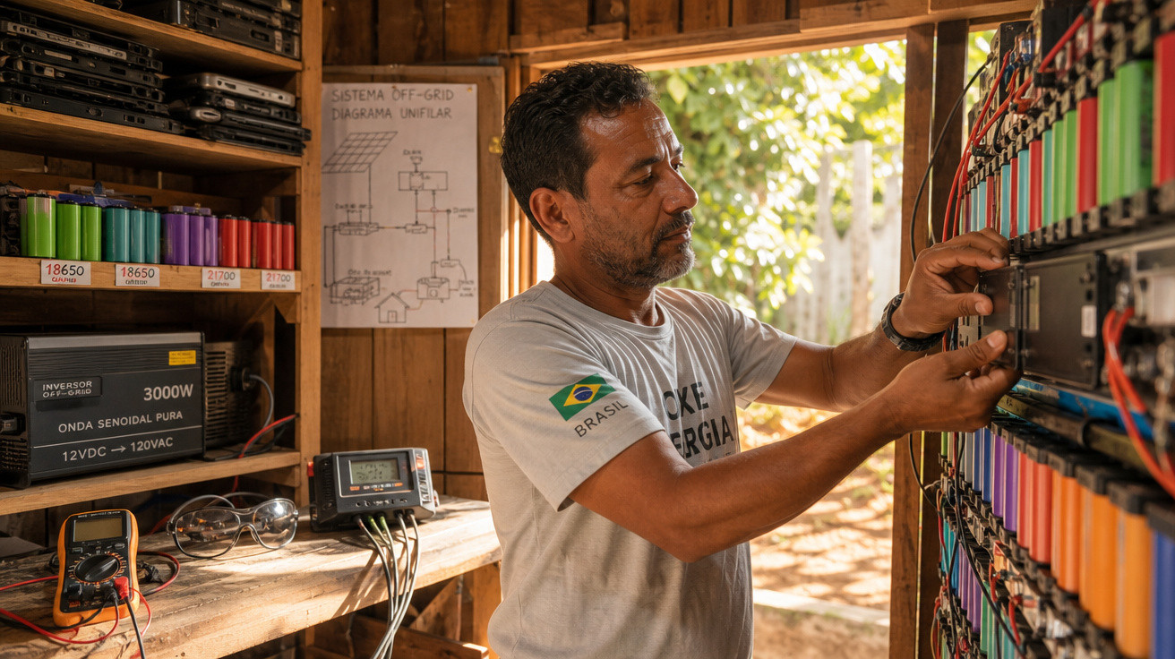 Homem ajusta bateria em sistema de energia solar off-grid em ambiente rústico com equipamentos eletrônicos.