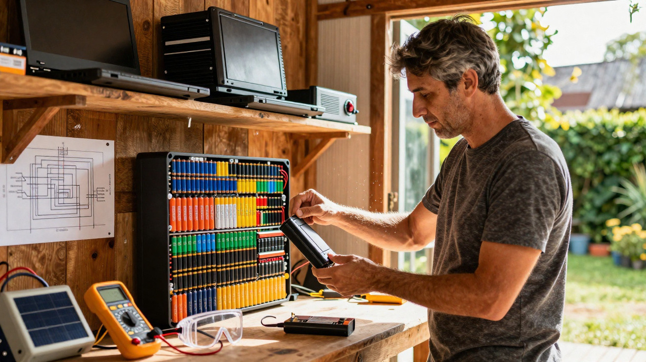 Homem verifica bateria recarregável em bancada de trabalho com equipamentos eletrônicos e computador.