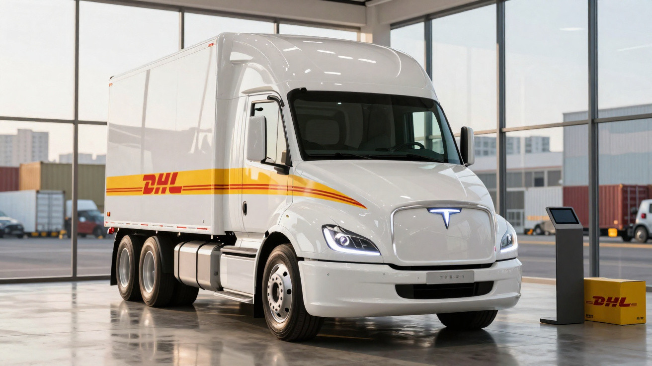 Caminhão elétrico branco da DHL estacionado em pátio com grande estrutura de vidro ao fundo.
