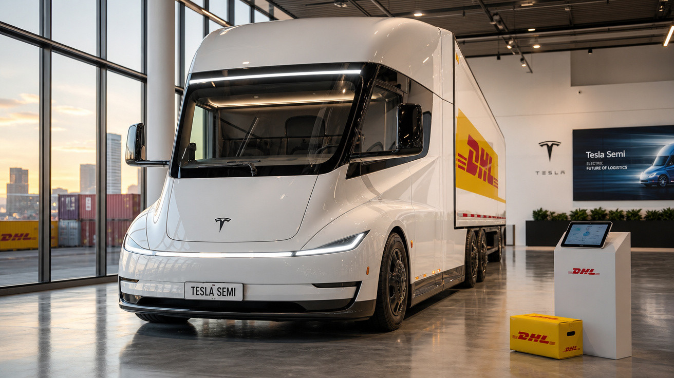 Caminhão elétrico Tesla Semi branco exposto com logo DHL em showroom moderno e espaçoso.