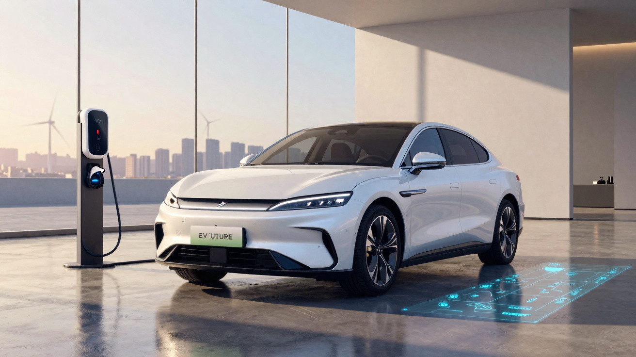 Carro elétrico branco estacionado em garagem moderna com estação de recarga e projeção digital no chão.