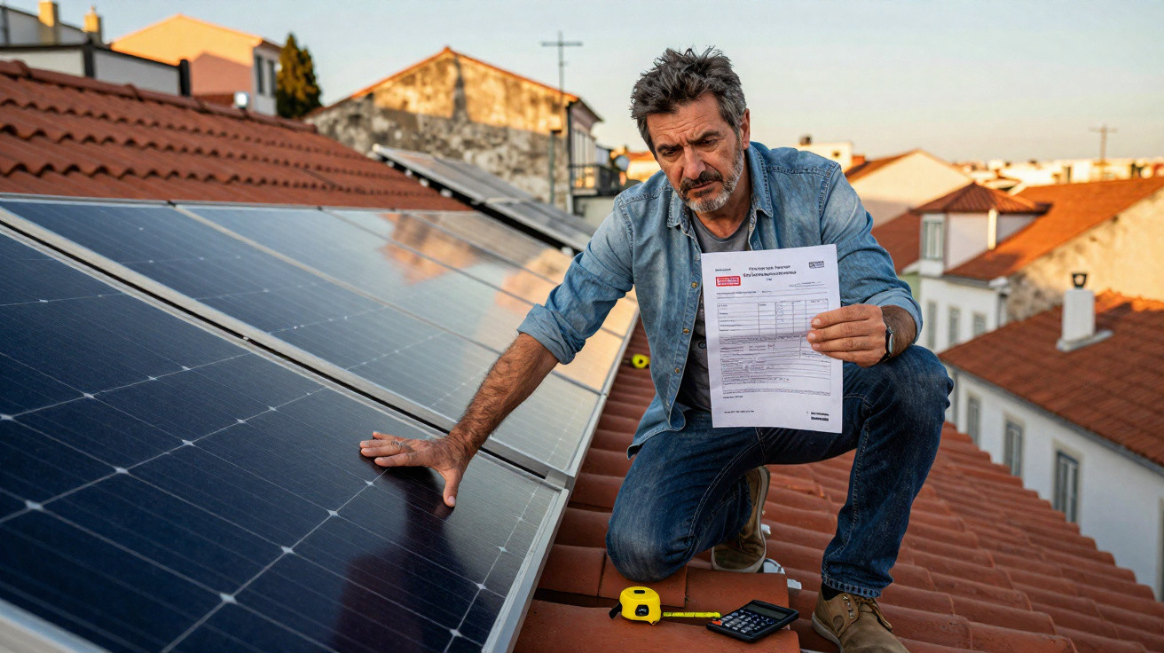 Homem em telhado com painel solar, segurando conta e usando camisa jeans, ao pôr do sol.
