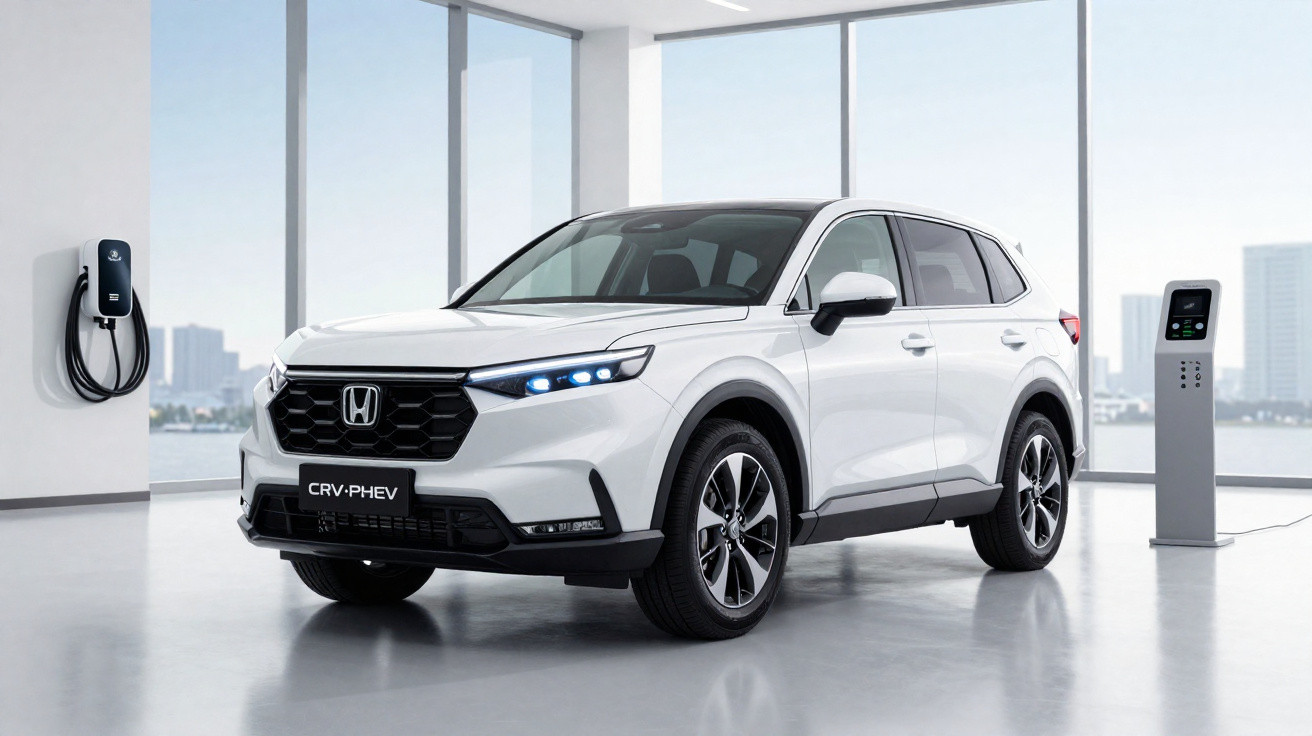 SUV branco Honda CR-V híbrido plug-in estacionado em showroom moderno com carregadores elétricos.