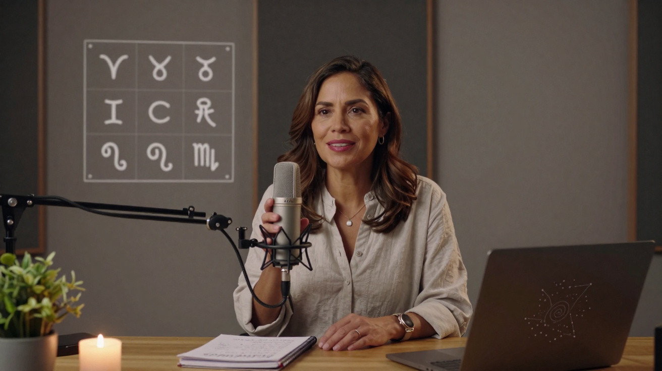 Mulher sorridente em estúdio com microfone, laptop, caderno, vela e símbolos astrológicos ao fundo.