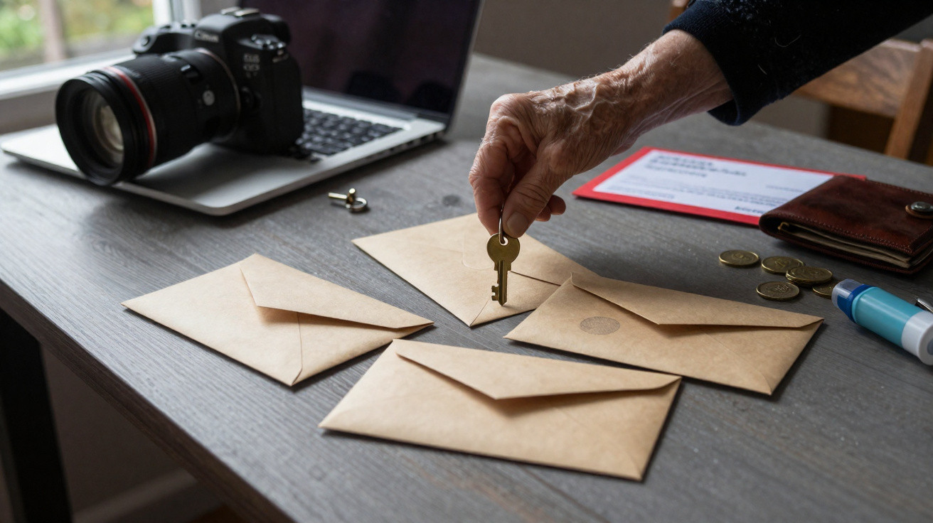 Mão segurando chave sobre envelopes marrons em mesa com câmera, laptop, moedas e carteira.