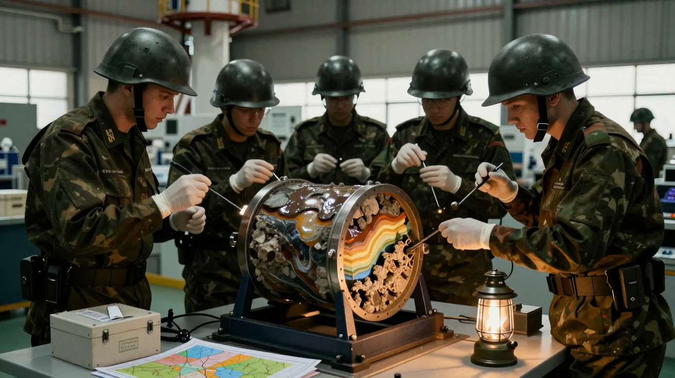 Militares em uniforme e capacete manipulam modelo geológico em laboratório com iluminação artificial.