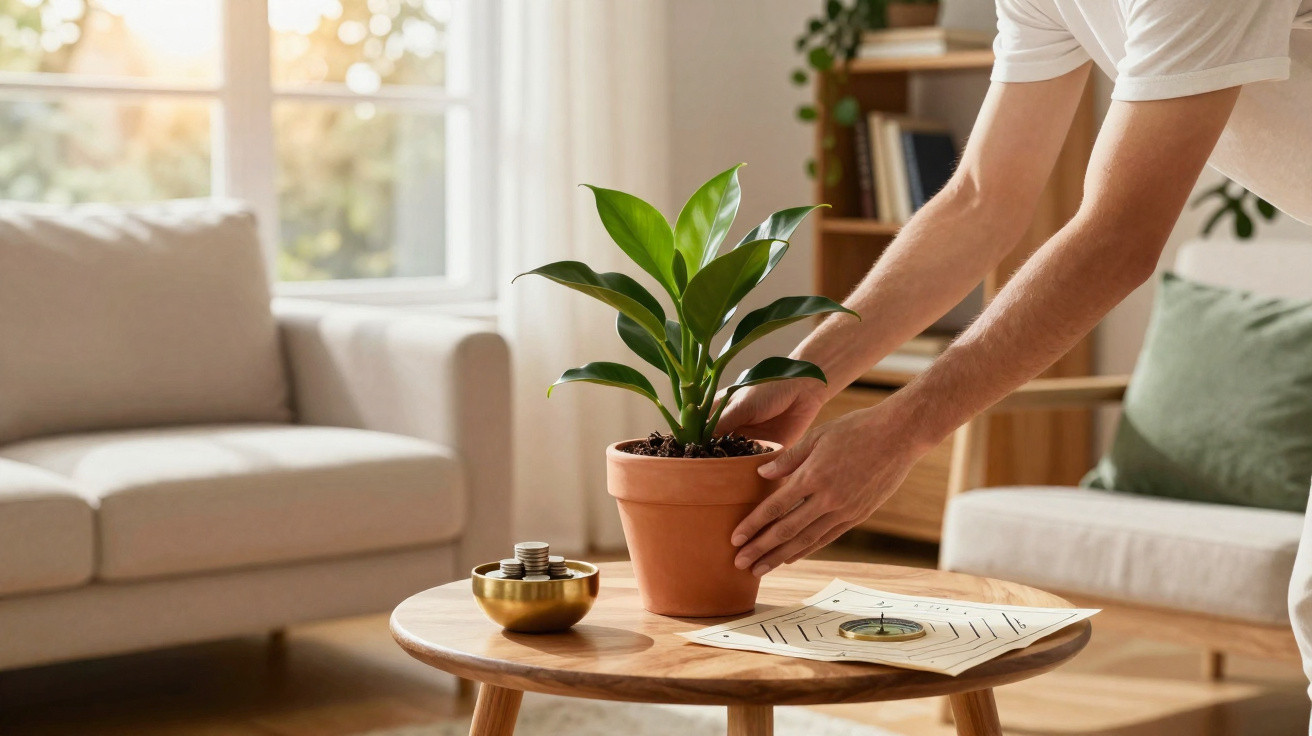 Pessoa colocando vaso com planta em mesa de centro na sala iluminada pelo sol.