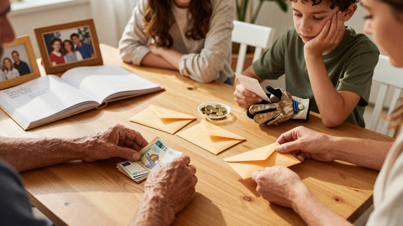 Família sentada à mesa organizando cartas e dinheiro, com fotos de família ao fundo.