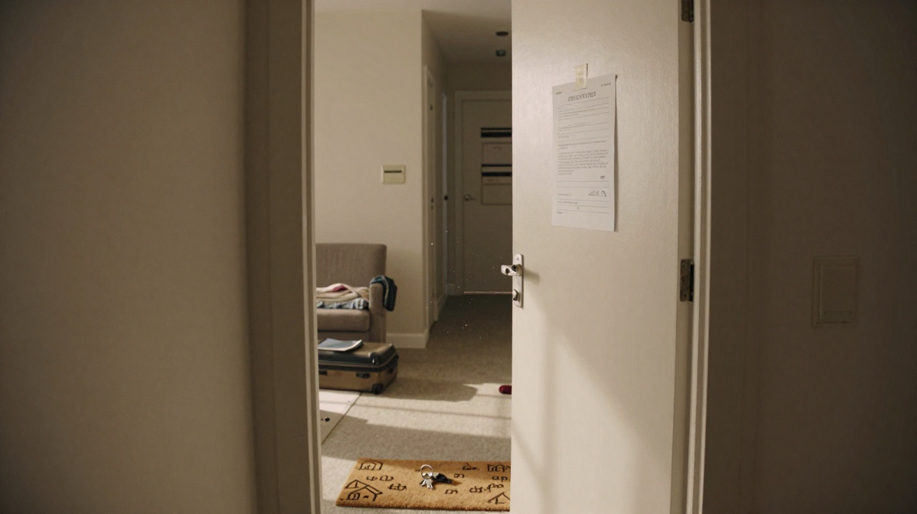 Porta branca entreaberta com um tapete marrom ao chão e sala ao fundo com sofá e mala.