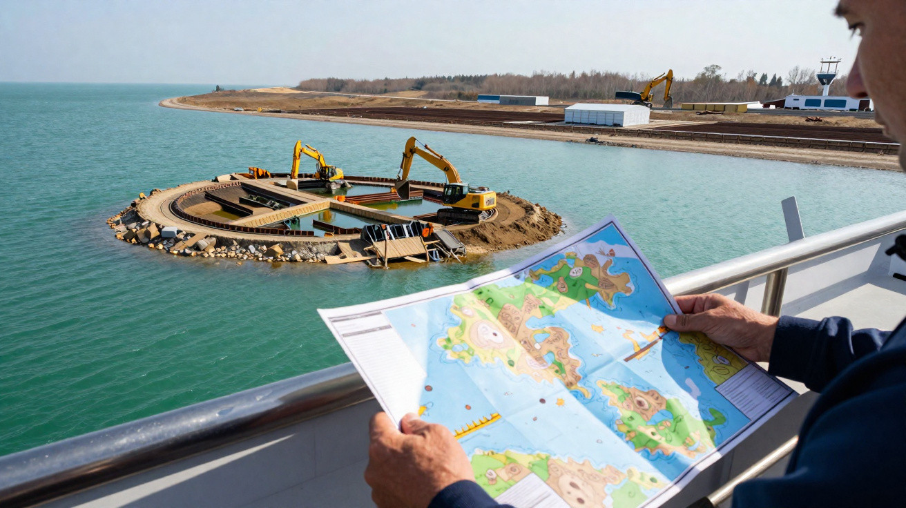Homem segura mapa olhando para construção de ilha artificial com escavadeiras e cais em águas calmas.
