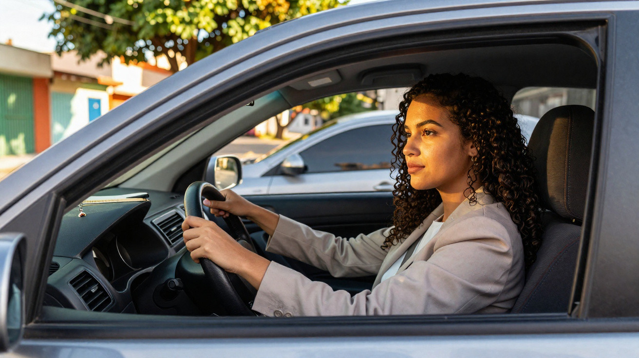 Mulher jovem dirigindo carro cinza em ambiente urbano durante o dia, olhando atentamente para a frente.