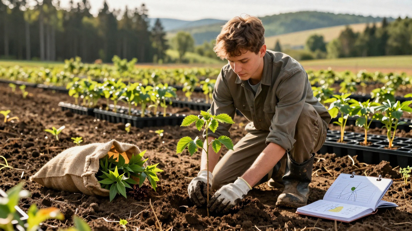 Jovem planta muda em campo aberto com luvas, sacola de plantas e caderno de anotações ao lado.