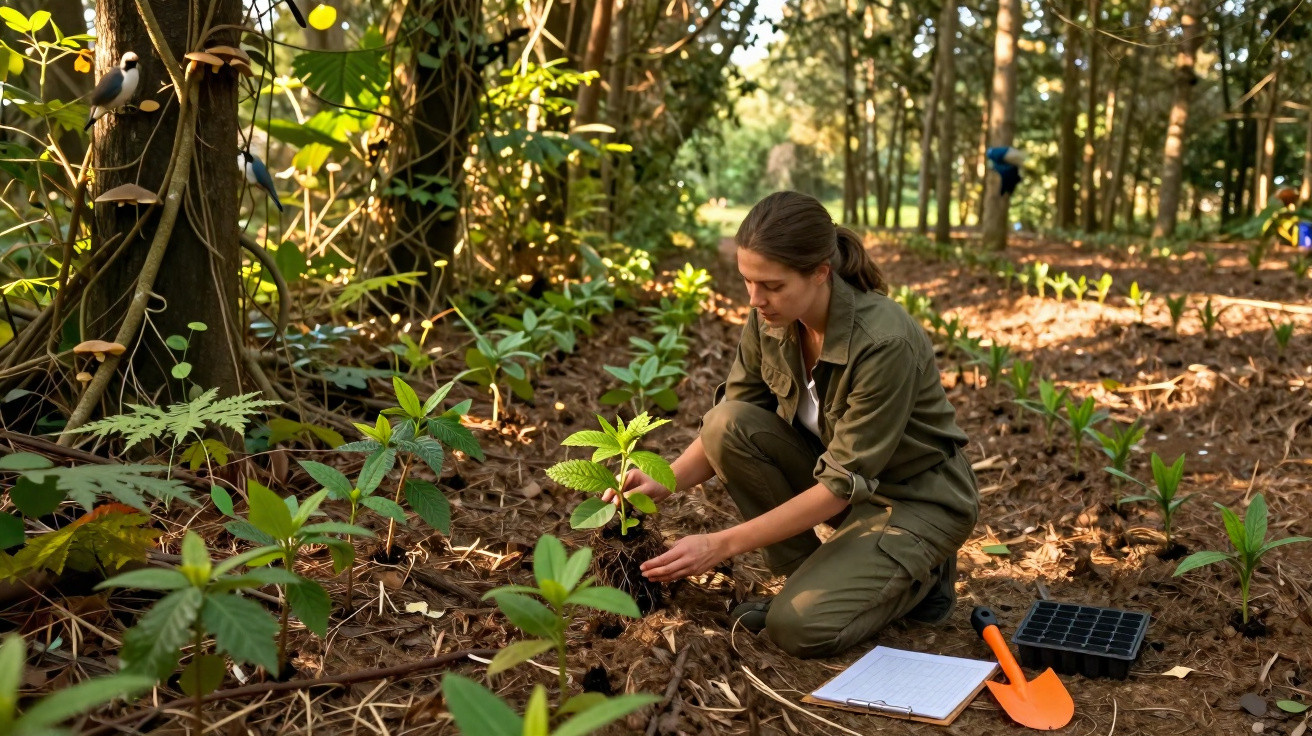 Mulher plantando muda em floresta com ferramentas e prancheta ao lado no chão.
