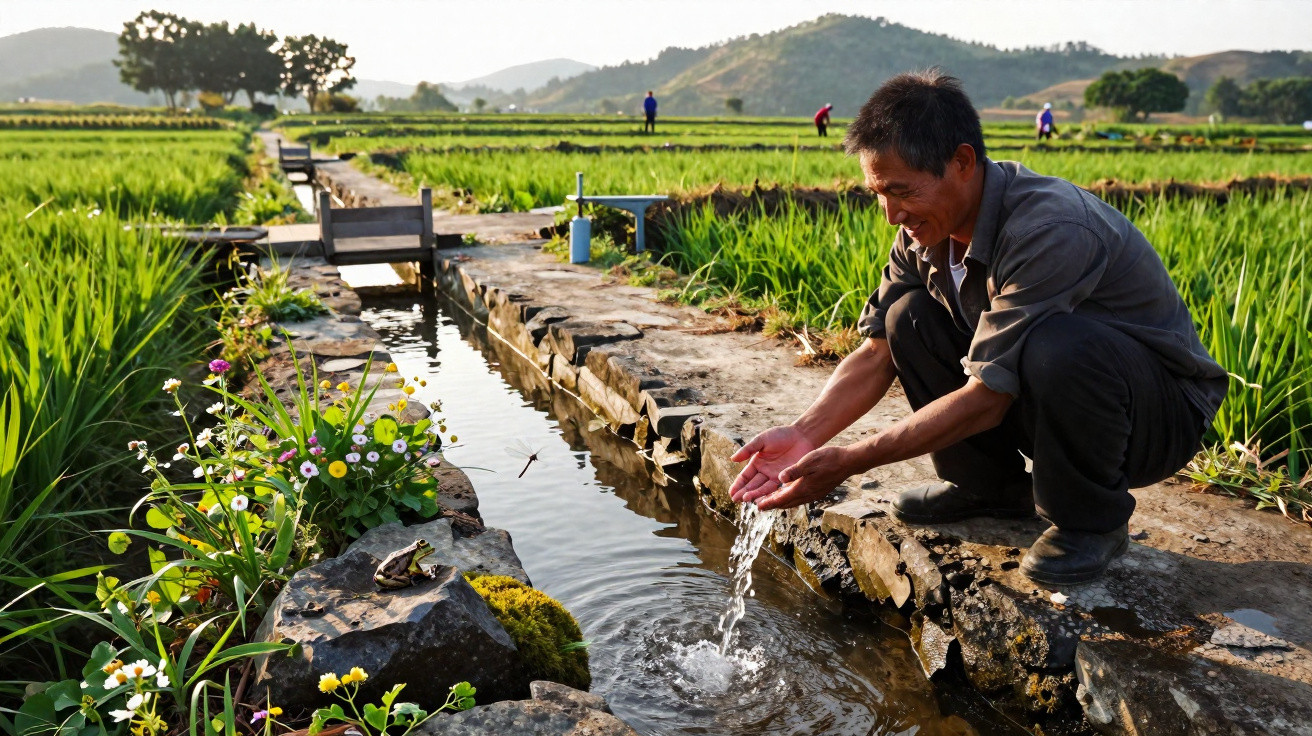 Homem agachado lavando as mãos em um canal de irrigação em campo de cultivo cercado por flores e montanhas.