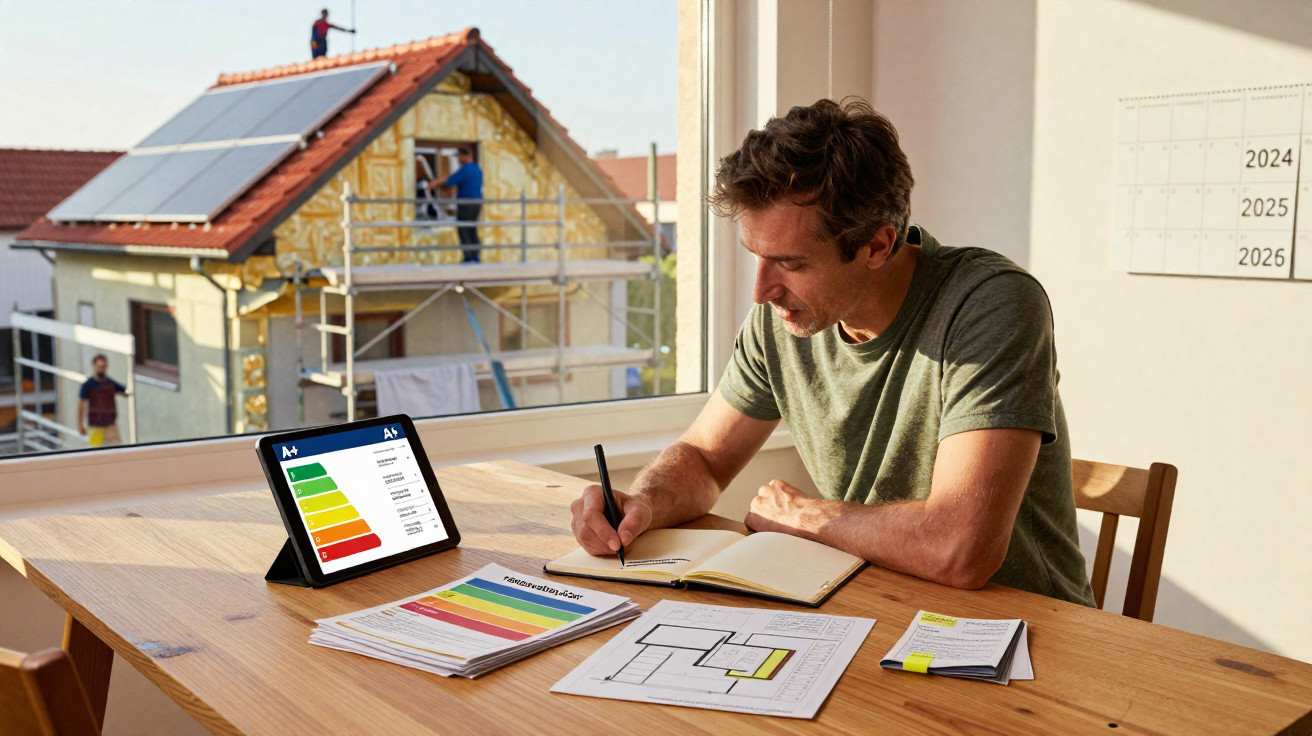 Homem escreve em caderno em mesa com plantas e tablet, casa com painel solar ao fundo.