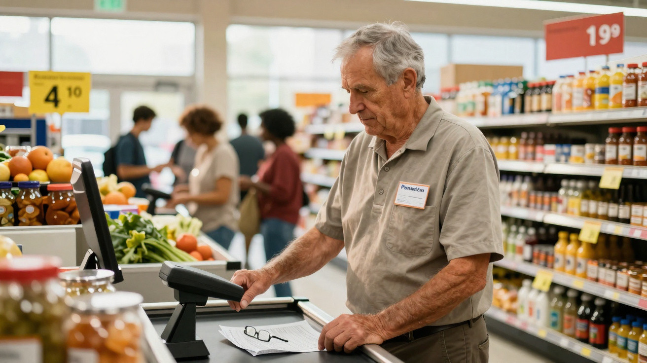 Homem idoso operando scanner de código de barras em supermercado, com clientes e prateleiras ao fundo.