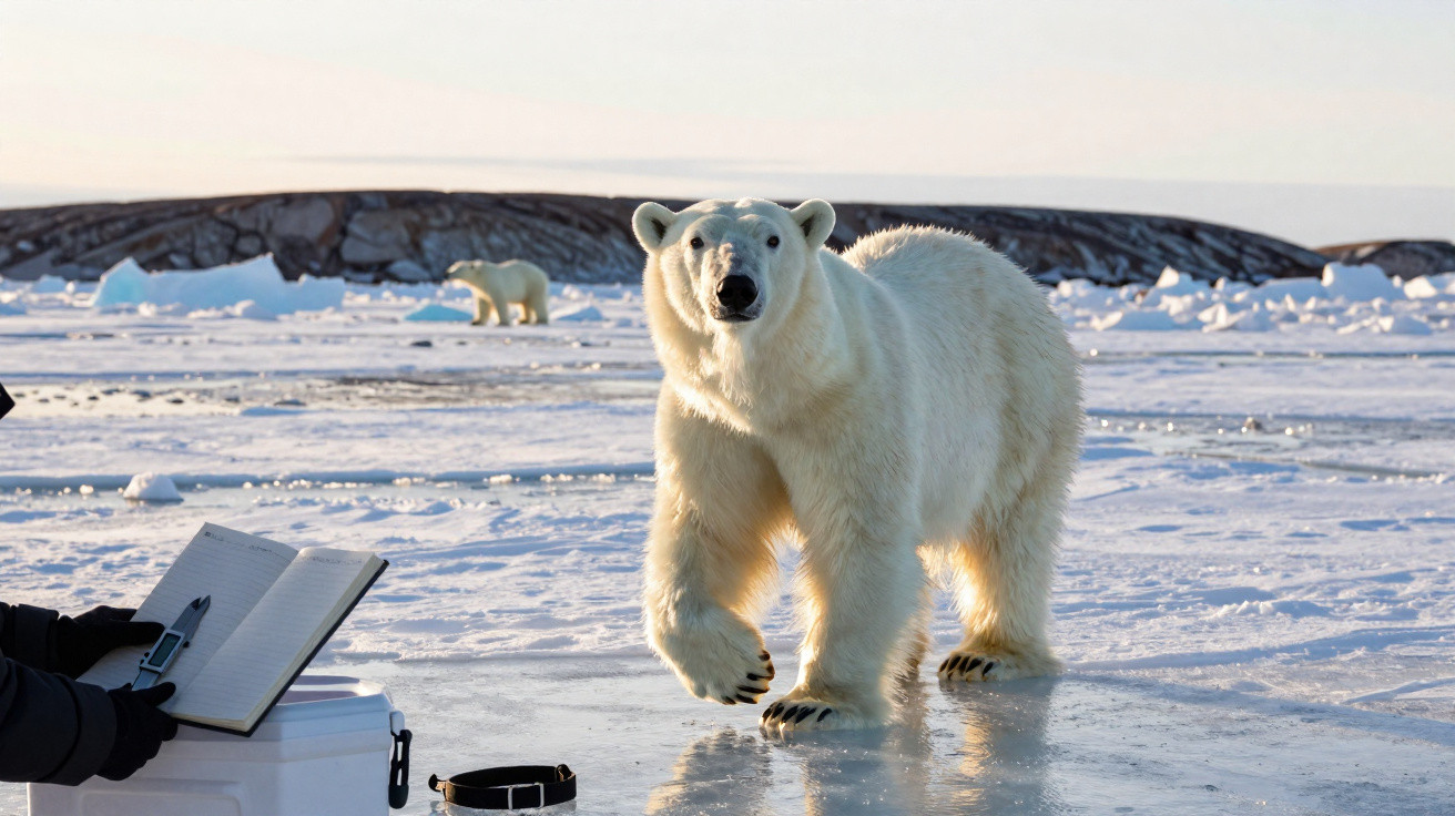 Urso polar adulto em superfície congelada olhando para a câmera, com outro urso ao fundo e pessoa anotando dados.