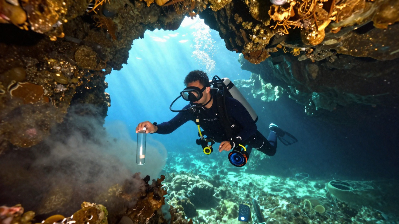 Mergulhador coleta amostra em caverna subaquática com luz solar filtrada no oceano.