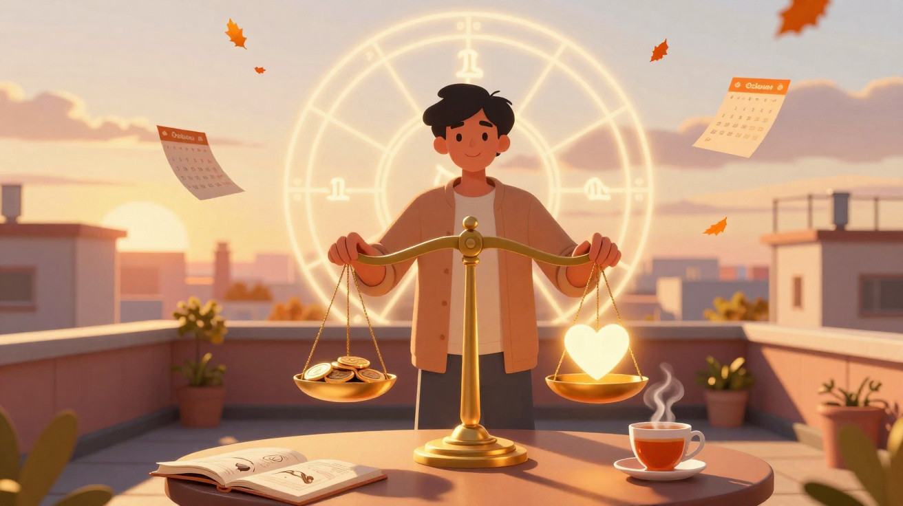 Pessoa segurando balança dourada com moedas e coração, diante de calendário e zodíaco ao pôr do sol.
