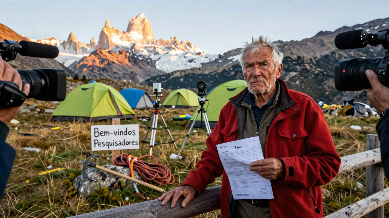 Homem idoso em acampamento com placas e câmeras, montanhas e tendas ao fundo, em cena ao ar livre.