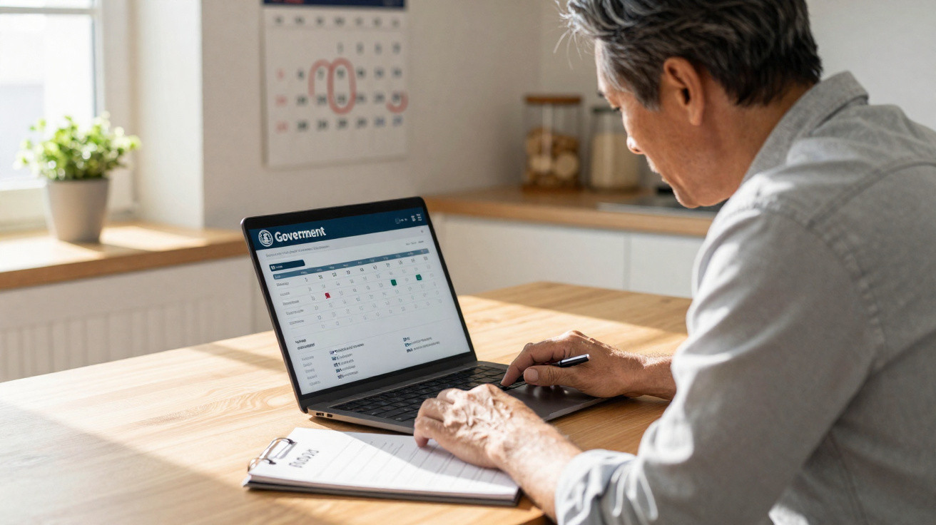 Homem consultando calendário do governo em laptop enquanto faz anotações em caderno na mesa de madeira.