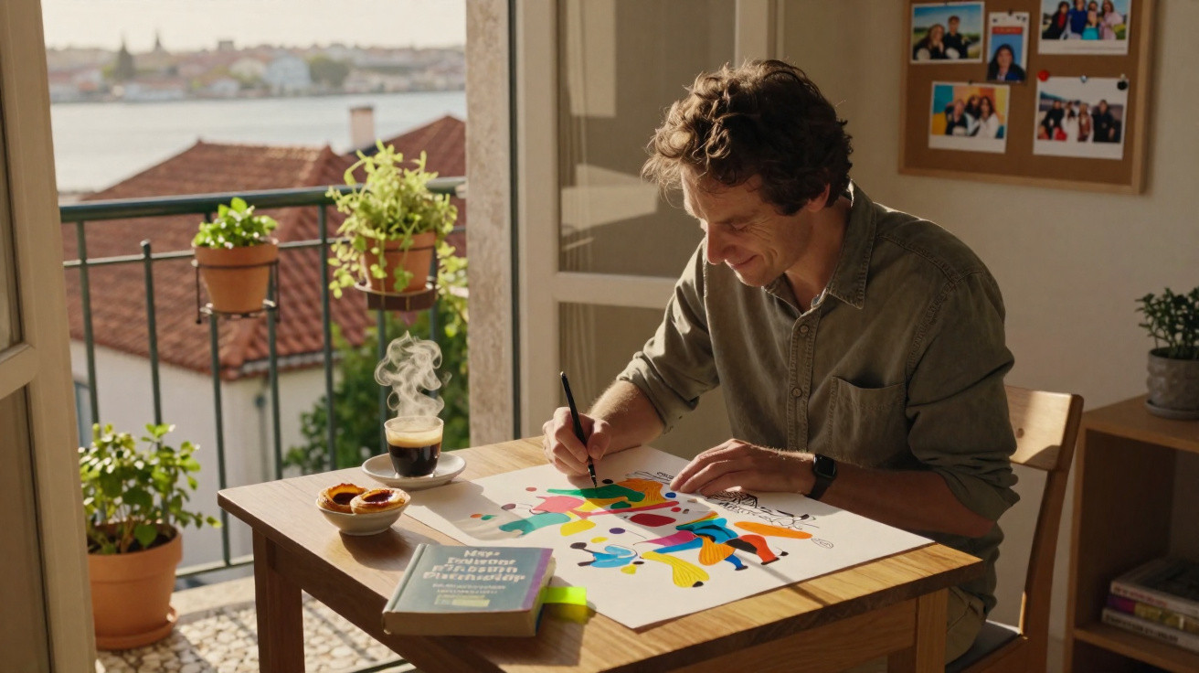 Homem pintando ilustração colorida em mesa ao lado de café, bolo e livro, em ambiente iluminado e vista externa.