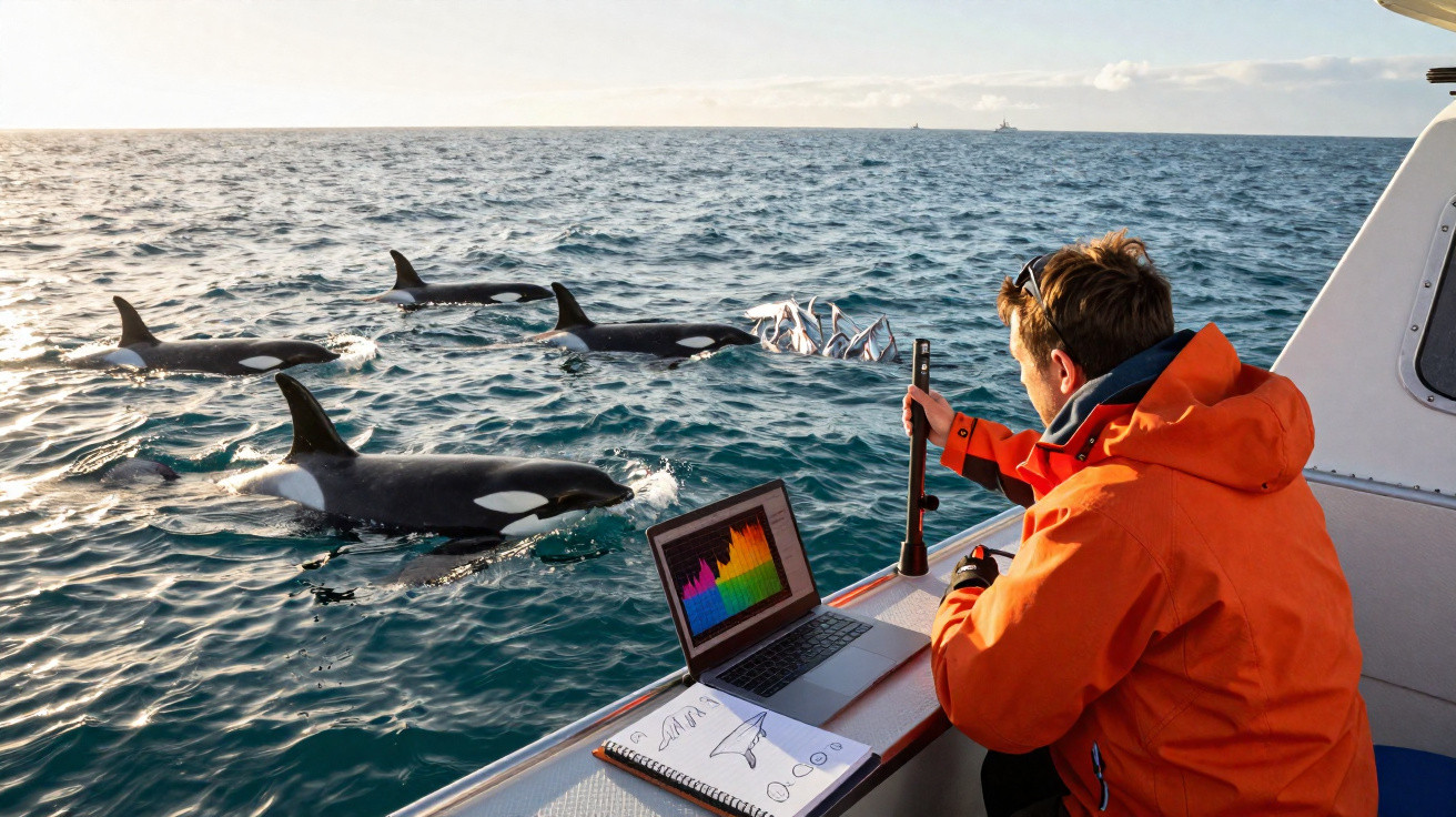 Pesquisador com jaqueta laranja coleta dados de orcas nadando próximas a um barco no mar aberto.
