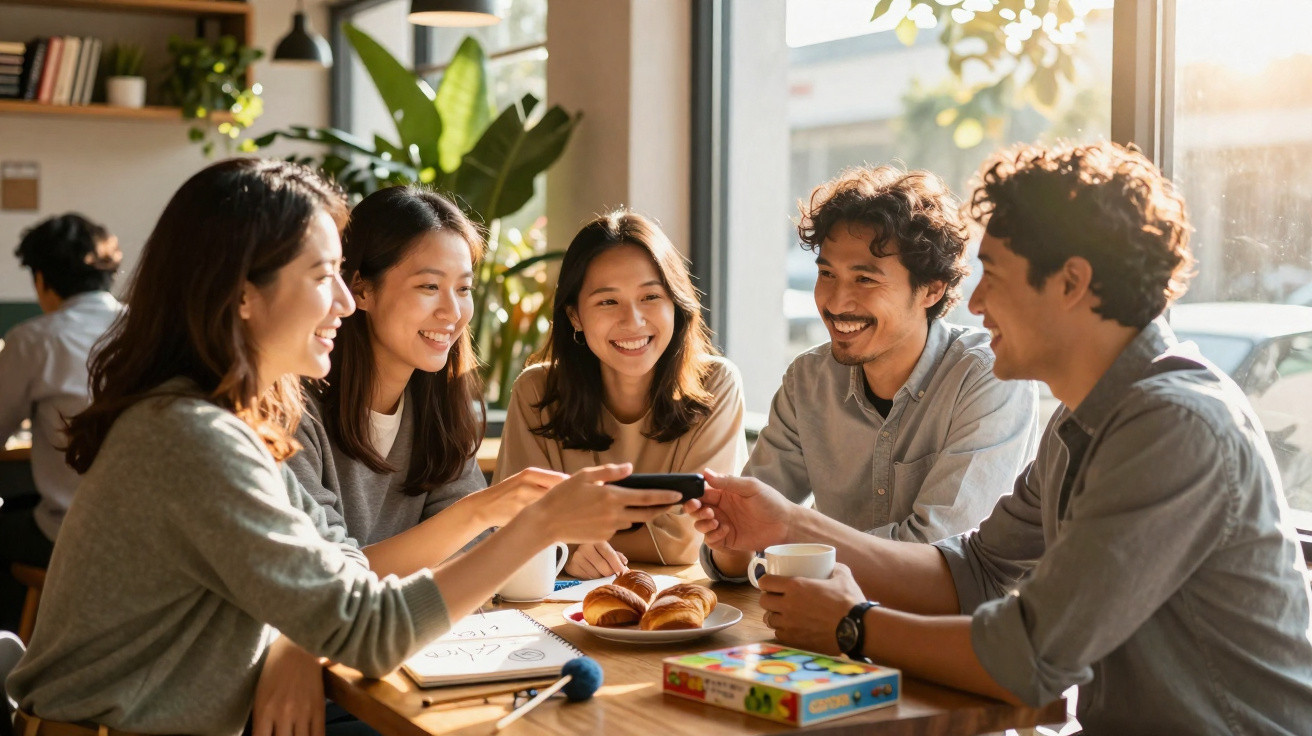 Grupo de cinco jovens sorrindo e compartilhando um celular em uma cafeteria iluminada pelo sol.