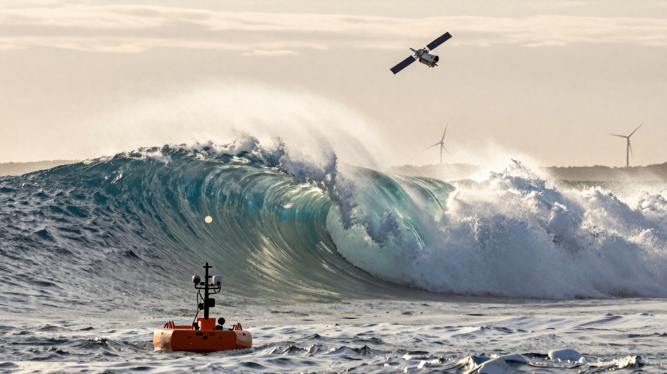 Ondas grandes no mar com boia laranja e satélite voando ao fundo, céu nublado e turbinas ao longe.